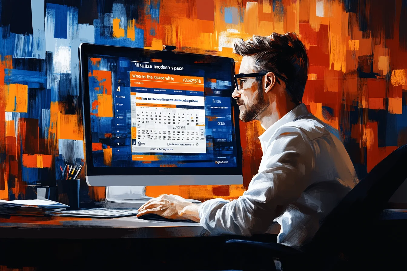 Ilustracja przedstawiająca mężczyznę przy monitorze z otwartą stroną zawierającą formularz i tabelę